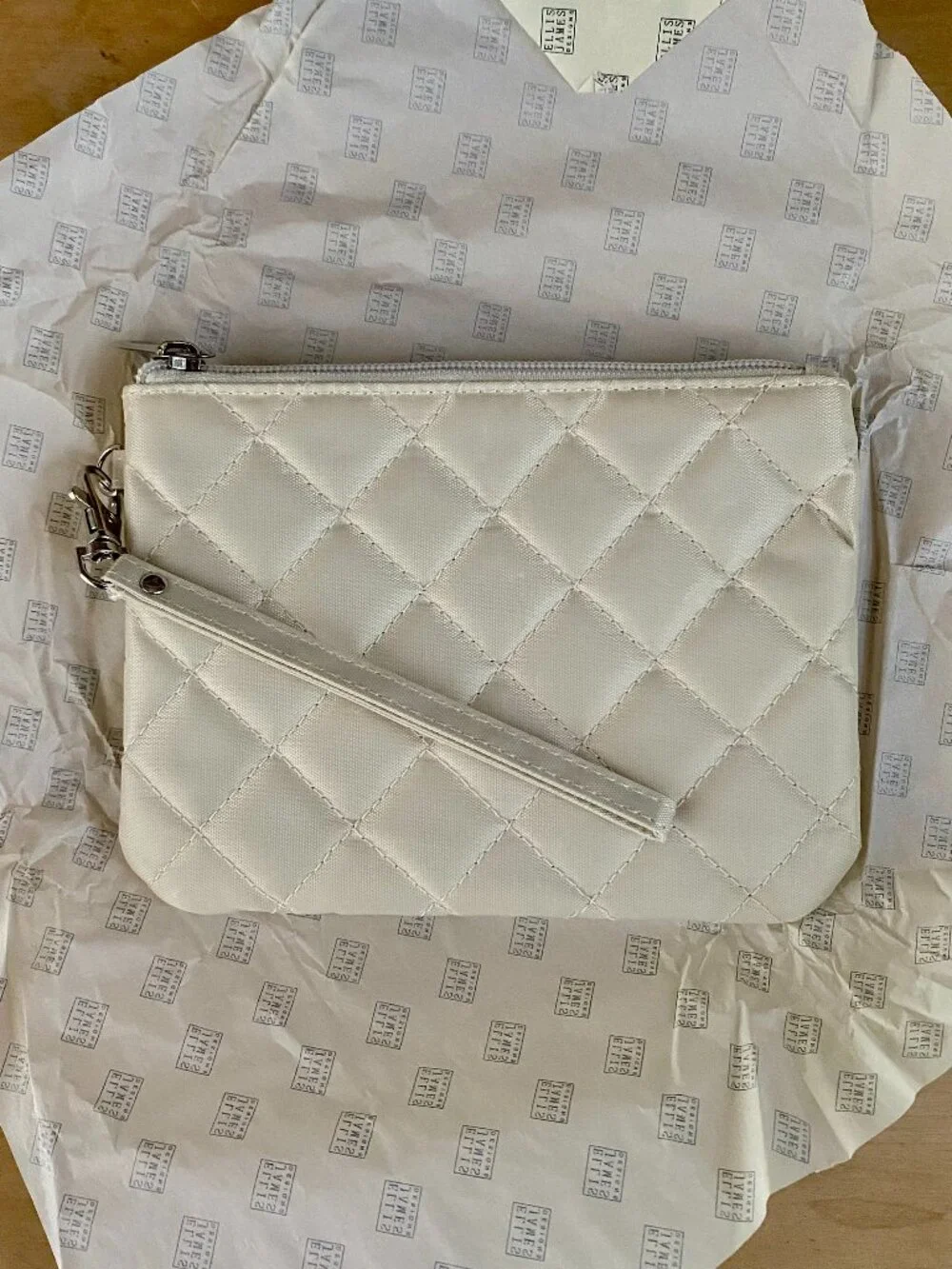 Ellis James Design: Makeup Pouch, Ivory, Quilted, Silver Hardware, New in Box.